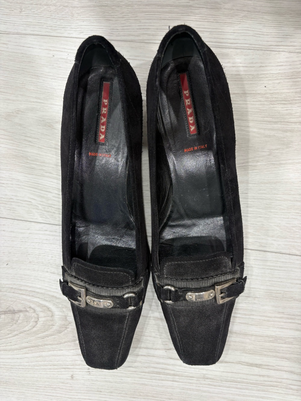 Prada Black Suede Square-Toe Loafers with Silver Buckle